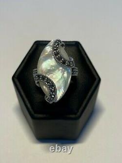 Marcasite 925 Sterling Silver Ring, Mother of Pearl Art Deco Vintage Style