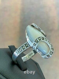 Marcasite 925 Sterling Silver Ring, Mother of Pearl Art Deco Vintage Style
