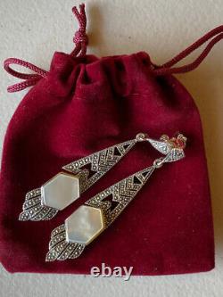 Marcasite Earrings Mother of Pearl 925 Sterling Silver Art Deco Vintage Style