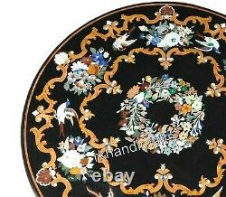 Marquetry Art Dining Table Top Round Black Marble Patio Table for Decor 84 Inch