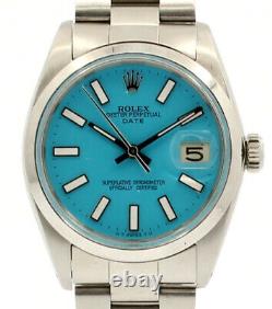 Mens ROLEX Oyster Perpetual Date 34mm Blue Luminescent Dial Steel Watch