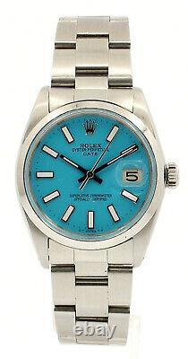 Mens ROLEX Oyster Perpetual Date 34mm Blue Luminescent Dial Steel Watch