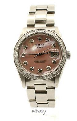 Mens ROLEX Oyster Perpetual Date 34mm PINK MOP Dial Diamond Stainless Watch