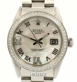 Mens ROLEX Oyster Perpetual Date 34mm WHITE MOP Roman Dial Diamond Steel Watch