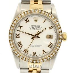 Mens ROLEX Oyster Perpetual Datejust 36mm White Gold Roman Dial Diamond Watch