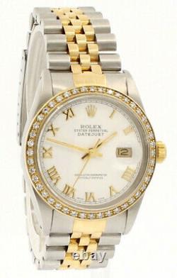 Mens ROLEX Oyster Perpetual Datejust 36mm White Gold Roman Dial Diamond Watch