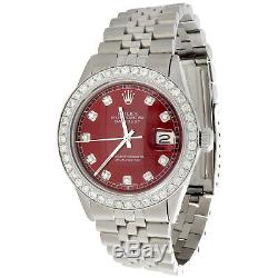 Mens Rolex 36mm DateJust Diamond Watch Jubilee Steel Band Custom Red Dial 2 CT