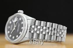 Mens Rolex Datejust 18k White Gold & Stainless Steel Black Diamond Dial Watch