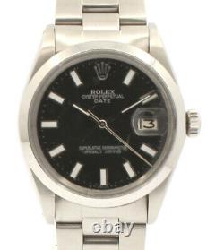 Mens Vintage ROLEX Oyster Perpetual Date 34mm BLACK Dial Stainless Steel Watch