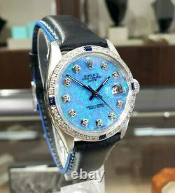 Mens Vintage ROLEX Oyster Perpetual Date 34mm BLUE OPAL Dial Diamond Stainless