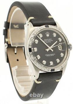 Mens Vintage ROLEX Oyster Perpetual Date 34mm Black Dial Diamond Stainless Watch