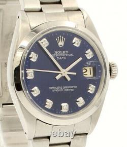 Mens Vintage ROLEX Oyster Perpetual Date 34mm Blue Dial Diamond Steel Watch