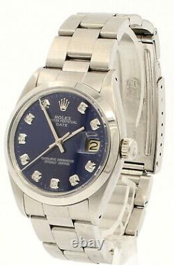 Mens Vintage ROLEX Oyster Perpetual Date 34mm Blue Dial Diamond Steel Watch