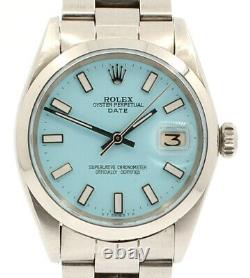 Mens Vintage ROLEX Oyster Perpetual Date 34mm Blue Dial Stainless Steel Watch