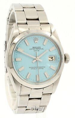 Mens Vintage ROLEX Oyster Perpetual Date 34mm Blue Dial Stainless Steel Watch