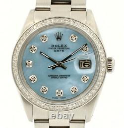Mens Vintage ROLEX Oyster Perpetual Date 34mm Blue MOP Dial Diamond Steel Watch