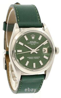 Mens Vintage ROLEX Oyster Perpetual Date 34mm GREEN Dial Stainless Steel Watch