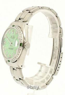 Mens Vintage ROLEX Oyster Perpetual Date 34mm GREEN OPAL Dial Diamond Stainless