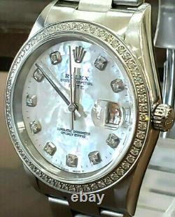 Mens Vintage ROLEX Oyster Perpetual Date 34mm MOP Dial Diamond Stainless Watch