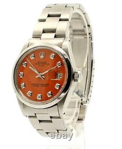 Mens Vintage ROLEX Oyster Perpetual Date 34mm ORANGE Dial Diamond Stainless