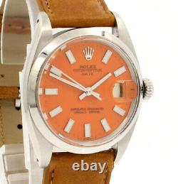 Mens Vintage ROLEX Oyster Perpetual Date 34mm ORANGE Dial Stainless Steel Watch