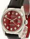 Mens Vintage Rolex Oyster Perpetual Date 34mm Shiny Red Dial Diamond Steel Watch