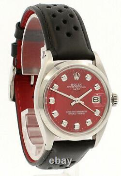 Mens Vintage ROLEX Oyster Perpetual Date 34mm Shiny RED Dial Diamond Steel Watch
