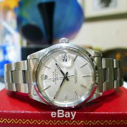 Mens Vintage ROLEX Oyster Perpetual Date 34mm Silver Dial Stainless Steel Watch
