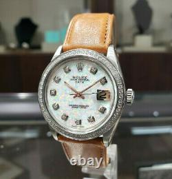 Mens Vintage ROLEX Oyster Perpetual Date 34mm WHITE OPAL Dial Diamond Stainless