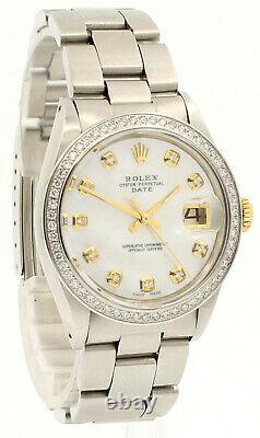 Mens Vintage ROLEX Oyster Perpetual Date 34mm White MOP Dial Diamond Steel Watch