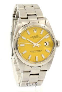 Mens Vintage ROLEX Oyster Perpetual Date 34mm YELLOW Dial Stainless Steel Watch