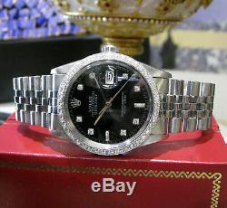 Mens Vintage ROLEX Oyster Perpetual Datejust 36mm Black Color Diamond Dial Watch
