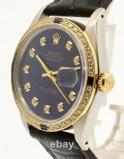Mens Vintage ROLEX Oyster Perpetual Datejust 36mm Blue DIAMOND Dial Watch