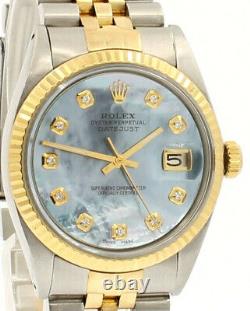 Mens Vintage ROLEX Oyster Perpetual Datejust 36mm Blue MOP DIAMOND Dial Watch