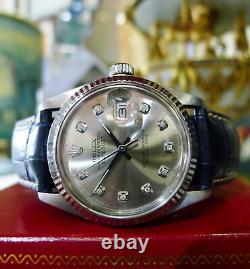 Mens Vintage ROLEX Oyster Perpetual Datejust 36mm Silver Diamond Dial Watch