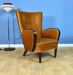 Mid Century Art Deco Vintage Danish Gold Velour Club Lounge Arm Chair 1930s 40s