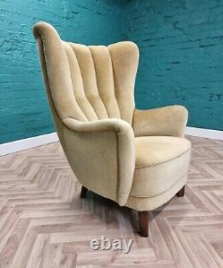 Mid Century Art Deco Vintage Danish Yellow Velour Club Lounge Arm Chair 1930s