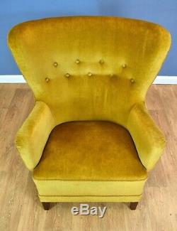 Mid Century Art Deco Vintage Danish Yellow Velour Club Lounge Arm Chair 1940s