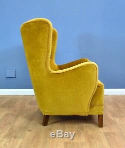 Mid Century Art Deco Vintage Danish Yellow Velour Club Lounge Arm Chair 1940s
