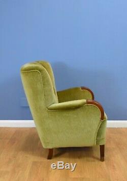 Mid Century Retro Danish Pale Green Velvet Art Deco Lounge Armchair 1940s