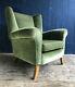 Mid Century Wingback Armchair Green Velvet Type Upholstery Oak Legs Delivery
