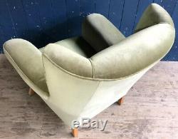 Mid Century WingBack Armchair Green Velvet Type Upholstery Oak Legs DELIVERY