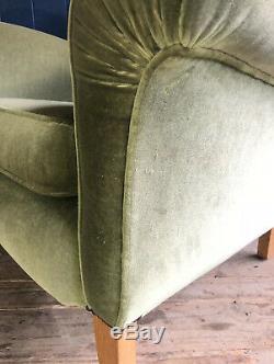 Mid Century WingBack Armchair Green Velvet Type Upholstery Oak Legs DELIVERY