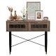 Modern Brown Slim Oak Console Table With 2 Drawer And Iron Legs Hallway Table