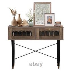 Modern Brown Slim Oak Console Table with 2 Drawer and Iron Legs Hallway Table