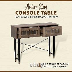 Modern Brown Slim Oak Console Table with 2 Drawer and Iron Legs Hallway Table