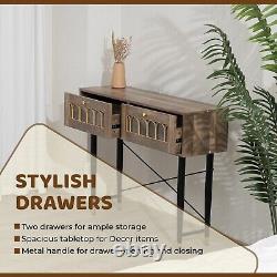 Modern Brown Slim Oak Console Table with 2 Drawer and Iron Legs Hallway Table