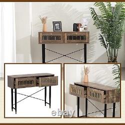 Modern Brown Slim Oak Console Table with 2 Drawer and Iron Legs Hallway Table