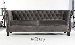 Modern Chesterfield Sofa Settee 3 Seater Grey Velvet Fabric Couch. 3-5 DAY DEL