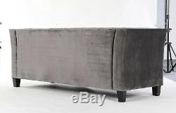 Modern Chesterfield Sofa Settee 3 Seater Grey Velvet Fabric Couch. 3-5 DAY DEL